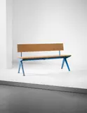 'Marcoule' bench, designed for the Centre d'études atomiques, Marcoule by Jean Prouvé, 1955, Painted bent steel, painted tubular steel, oak, sold Apr 2016
