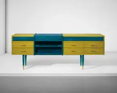 Raphael, Dressing sideboard, 1950s, Lacquered oak, mirrored glass, glass, brass