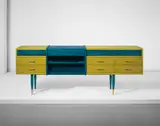 Raphael, Dressing sideboard, 1950s, Lacquered oak, mirrored glass, glass, brass