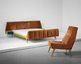 Raphael, Bed and lounge chair, 1950s, Lacquered oak, painted oak, brass, leather