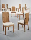 Axel Einar Hjorth, Set of eight high-back chairs, from the 'Lovö' series, circa 1932, Pine, iron, fabric