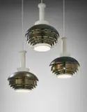 Set of three ceiling lights, model no. A335 by Alvar Aalto, designed 1955, Painted tubular metal, painted metal, brass, sold Apr 2016