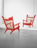 Hans J. Wegner, Pair of rare 'Web' lounge chairs, model no. JH719, circa 1968, Painted beech, rope, fabric, copper