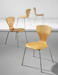 Tapio Wirkkala, Set of four 'Nikke' dining chairs, model no. 9019, circa 1958, Rhythmic laminated-birch plywood, nickel-plated tubular steel, rubber