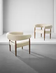 Pair of 'Ring' easy chairs by Nanna Ditzel, 1958, Wenge wood, fabric, offered Apr 2016