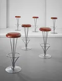 Piet Hein, Set of six bar stools, model no. FL 9511, 1961, Chromium-plated tubular metal, chromium-plated metal, leather