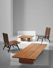 Low bench, model no. 2005 and coffee table by Ilmari Tapiovaara, 1960, Stained pine, sold Apr 2016