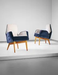 Melchiorre Bega, Pair of armchairs, circa 1948, Stained beech, fabric