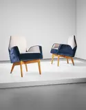 Melchiorre Bega, Pair of armchairs, circa 1948, Stained beech, fabric