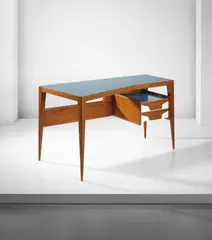Desk by Gio Ponti, 1959, Walnut, walnut-veneered wood, plastic-laminated wood, walnut-veneered chip-wood, painted glass, sold Apr 2016