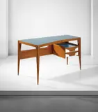Desk by Gio Ponti, 1959, Walnut, walnut-veneered wood, plastic-laminated wood, walnut-veneered chip-wood, painted glass, sold Apr 2016