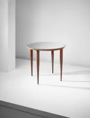 Rare side table by Pietro Chiesa, 1950s, Mirrored glass, stained oak, walnut-veneered wood, birch inlay, offered Apr 2016