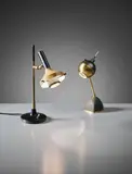 Oscar Torlasco, Two adjustable table lamps, 1950s, Painted brass, painted tubular brass, painted aluminium, brass