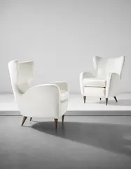 Gio Ponti, Pair of rare armchairs, designed for the First Class Reception Room of the 'Conte Grande' transatlantic ocean liner, circa 1948, Stained walnut, fabric