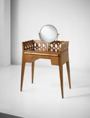 Dressing table by Gio Ponti, circa 1940, Stained oak, stained oak-veneered wood, coloured mirrored glass, mirrored glass, brass, sold Apr 2016