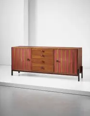 Sideboard by Ettore Sottsass, circa 1959, Indian rosewood-veneered wood, Indian rosewood, painted wood, brass, sold Apr 2016