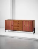 Sideboard by Ettore Sottsass, circa 1959, Indian rosewood-veneered wood, Indian rosewood, painted wood, brass, sold Apr 2016