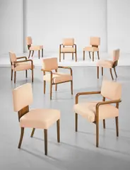 Set of four chairs and four armchairs by Gino Levi Montalcini, 1938, Pear wood, fabric, steel, sold Apr 2016