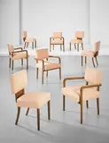 Gino Levi Montalcini, Set of four chairs and four armchairs, 1938, Pear wood, fabric, steel
