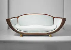 Marcel Coard, Important Canapé Gondole, circa 1925, Carved Indian rosewood, Indian rosewood-veneered wood, brass, linen velvet