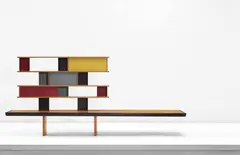 'Tunisie' bookcase, designed for the student rooms of La Maison de la Tunisie, Cité Internationale Universitaire de Paris by Charlotte Perriand, 1952, Oak, pine, mahogany, painted diamond-point aluminium, painted metal, sold Apr 2016