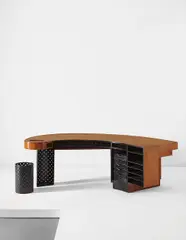 René Herbst, Unique desk, from the architect’s residence, Rue de Chateaubriand, Paris, 1949, Mahogany, painted wood, perforated painted steel, nickel