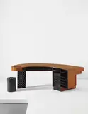 René Herbst, Unique desk, from the architect’s residence, Rue de Chateaubriand, Paris, 1949, Mahogany, painted wood, perforated painted steel, nickel