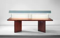 Pierre Jeanneret, Illuminated reading table, model no. PJ-TAT-10-B, designed for the Assembly and the University Library, Chandigarh, 1963-1964, Teak-veneered wood, teak, opaque glass, painted steel, painted tubular steel, painted metal