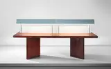 Illuminated reading table, model no. PJ-TAT-10-B, designed for the Assembly and the University Library, Chandigarh by Pierre Jeanneret, 1963-1964, Teak-veneered wood, teak, opaque glass, painted steel, painted tubular steel, painted metal, sold Apr 2016