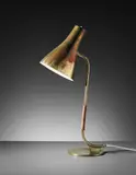 Rare table lamp, model no. 9212B by Paavo Tynell, circa 1948, Tubular brass, perforated brass, painted brass, leather, sold Apr 2016