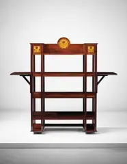 Charles Robert Ashbee, Etagère, circa 1895, Mahogany, mahogany-veneered wood, stained beech marquetry, bronze