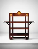 Charles Robert Ashbee, Etagère, circa 1895, Mahogany, mahogany-veneered wood, stained beech marquetry, bronze