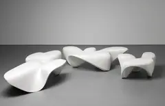 Zaha Hadid, Set of three 'Bianco Covelano' low tables, from the 'Mercuric' collection, 2013, Marble