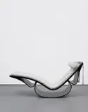 Oscar Niemeyer, 'Rio' rocking chaise longue, circa 1978, Painted bent plywood, leather, rubber, brass, metal