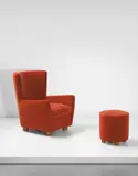 Jean Royere, 'Relax' armchair, together with associated ottoman, 1950s, Oak-veneered wood, oak, fabric