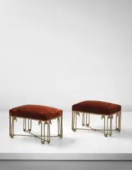 Jean Royere, Pair of 'Ondulation' stools, 1950s, Tubular brass, brass, fabric