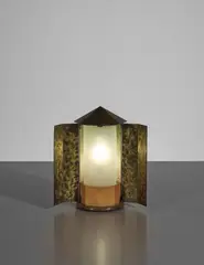 Eugène Printz, Table lamp, circa 1934, Patinated brass, painted brass, sycamore, walnut, opaque glass