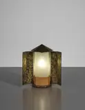 Eugène Printz, Table lamp, circa 1934, Patinated brass, painted brass, sycamore, walnut, opaque glass