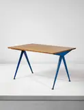 'Cafétéria' table, model no. 512, from the Centre d'études atomiques, Marcoule, France by Jean Prouvé, 1955, Oak-veneered wood, painted steel, painted bent sheet steel, sold Sep 2016