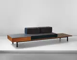 Bench with side table and drawer, from Cité Cansado, Cansado, Mauritania by Charlotte Perriand, circa 1958, Painted metal, mahogany, plastic-laminated wood, mahogany-veneered wood, fabric, sold Sep 2016
