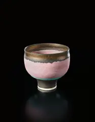 Bowl by Lucie Rie, circa 1976, Porcelain, inlaid pink lines, turquoise and golden manganese bands, sold Sep 2016