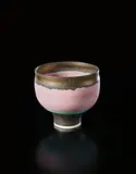 Bowl by Lucie Rie, circa 1976, Porcelain, inlaid pink lines, turquoise and golden manganese bands, sold Sep 2016