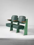 Jean Prouvé, Row of two lecture theatre chairs, designed for the Faculté des Lettres, Université de Besançon, France, 1952-1956, Painted bent steel, painted tubular steel, oak, vinyl