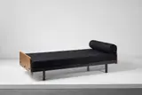 S.C.A.L. bed, model no. 451 by Jean Prouvé, circa 1953, Oak, oak-veneered wood, painted tubular steel, painted bent sheet steel, fabric, sold Sep 2016