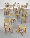 Charlotte Perriand, Set of twelve dining chairs, model no. 19, and six stools, model no. 17, from 'L’Equipement de la Maison' series, Grenoble