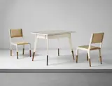 Gio Ponti, Rare table and pair of chairs, circa 1950, Painted ash wood, painted beech, brass, glass, vinyl, brass nail heads