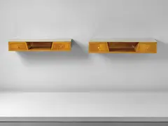 Two wall-mounted consoles by Gio Ponti, circa 1950, Walnut-veneered wood, painted glass, brass, offered Sep 2016