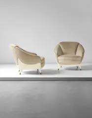 Guglielmo Veronesi, Pair of armchairs, 1950s, Painted wood, brass, fabric