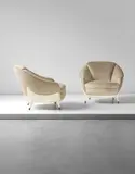 Guglielmo Veronesi, Pair of armchairs, 1950s, Painted wood, brass, fabric