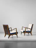 Gio Ponti, Pair of armchairs, model no. 516, circa 1958, Stained walnut, fabric